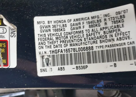 2008 Honda Civic Lx from USA, damaged, VIN 1HGFA16578L006888